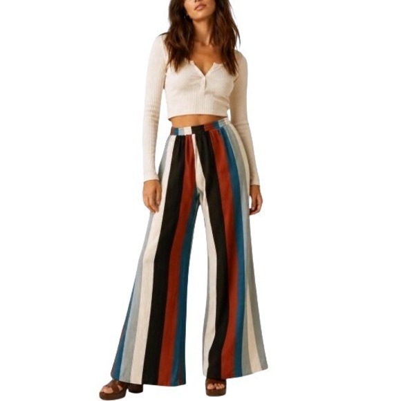 Hiatus Pants - Hiatus Wide Leg Color Stripe Elastic Waist Beatnik Rockabilly 60s Retro Pants S